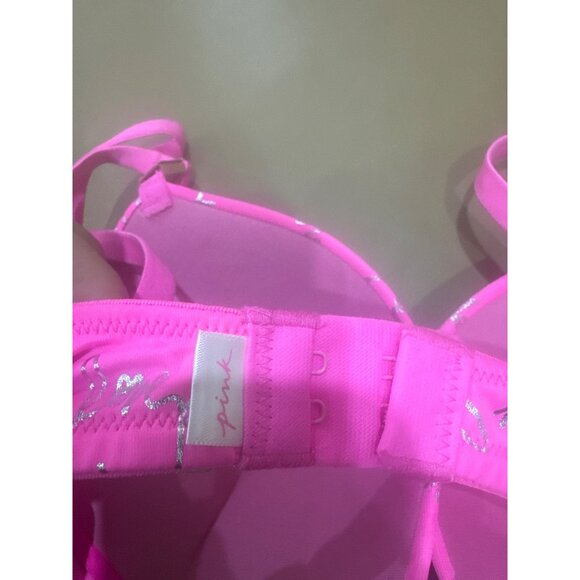 Pink By Victorias Secret Super Push Bra 32C Hot Pink With Silver Script - Picture 5 of 5